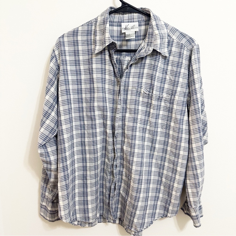 VTG Kathie Lee 100% Silk Plaid Button-down Blouse Size 10 cottage casual country